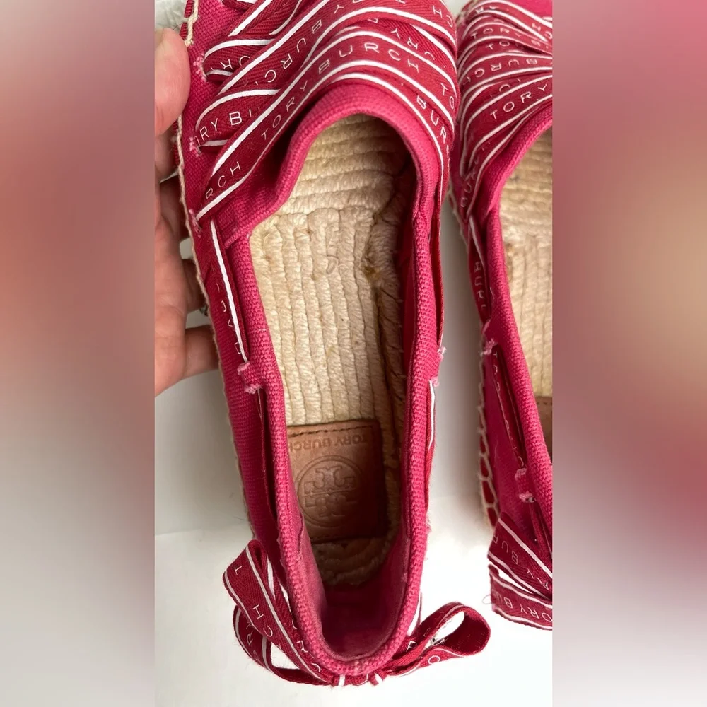 Tory Burch Grosgrains Crisscross Logo Ribbon Espadrilles Flats Red Size 5.5